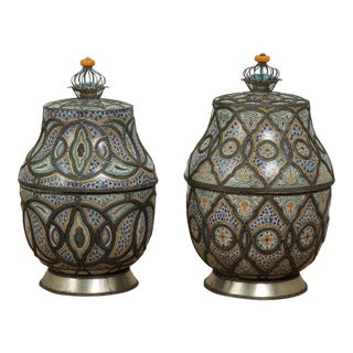 Pair of Vintage Moroccan Terra Cotta and Metal Lidded Urns For Sale