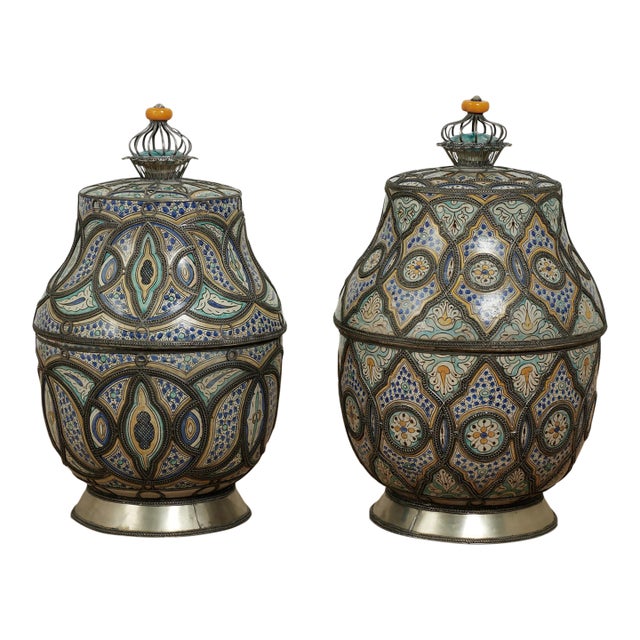 Pair of Vintage Moroccan Terra Cotta and Metal Lidded Urns For Sale