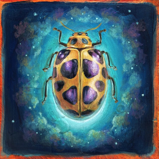 This artwork presents a vividly rendered beetle, its glossy shell adorned with striking purple and black patterns, set...
