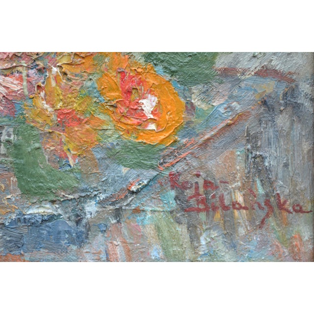 Mid Century Impressionist Zinnias Still Life by Stefania Kaja-Bilanska For Sale - Image 4 of 6