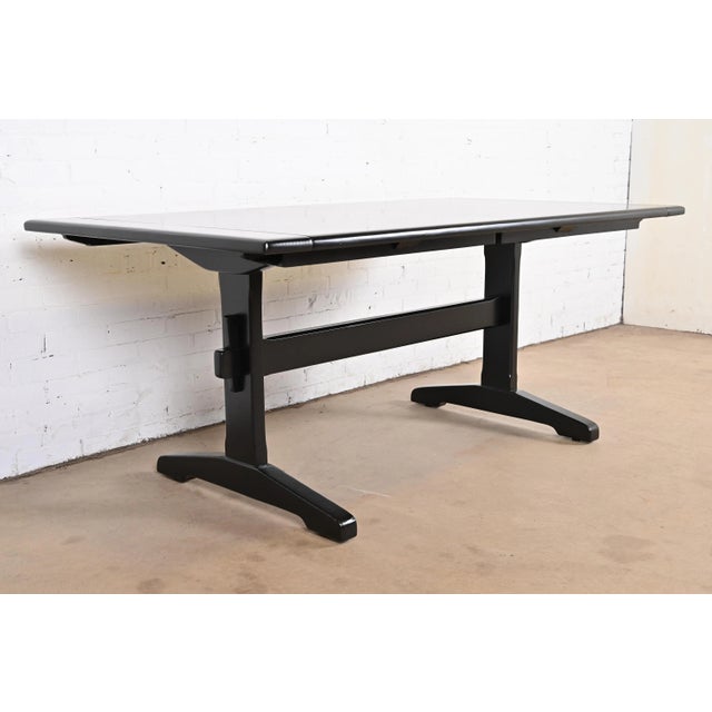 Ethan Allen Black Lacquered Pine Trestle Base Farmhouse Extension Dining Table, Newly Refinished For Sale - Image 10 of 13