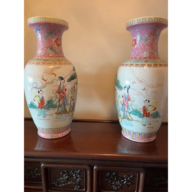 Stunning Matched Pair of 20-Inch Chinese Famille Rose Porcelain Vases For Sale - Image 18 of 18