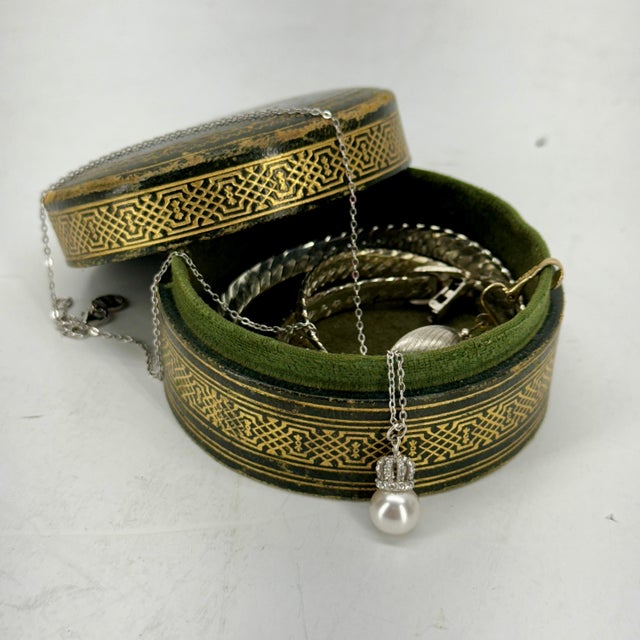 Round Italian Mcm Vintage Leather Jewelry Box. The interior is upholstered with the original Italian green velvet fabric....
