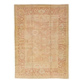 Tan Modern Turkish Oushak Handmade Wool Rug With Floral Motif For Sale