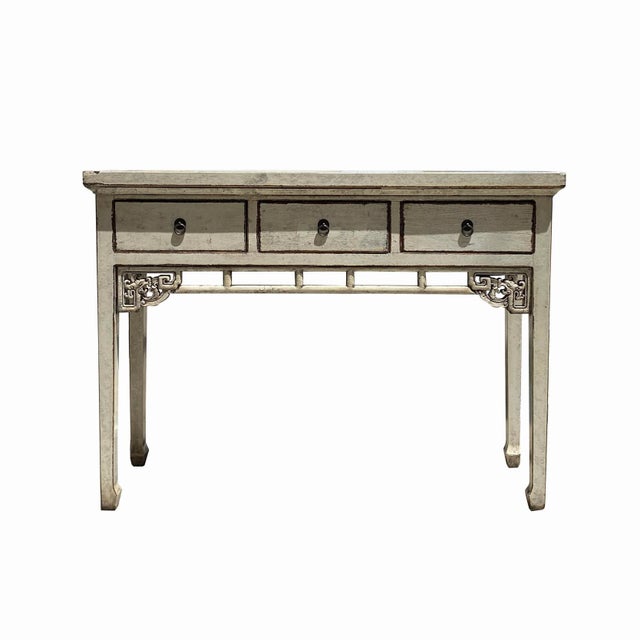 Wood Chinese Distressed Off White 3 Drawers Side Pedestal Console Table For Sale - Image 7 of 7