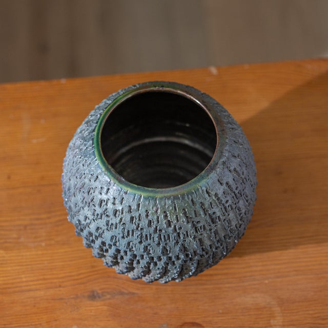 Signed J. Lares Raku Studio Pottery Vessel With Carved Textural Surface For Sale - Image 4 of 10