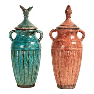 Vintage Pair of Moroccan Glazed Terra Cotta Lidded Urns With Birds For Sale