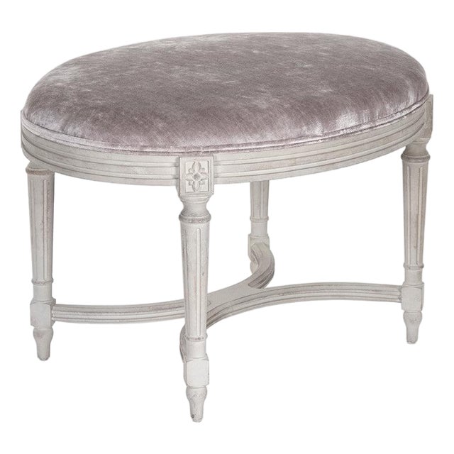 Vita Oval Stool - Silver Mauve Velvet / Distressed White Painted Frame For Sale