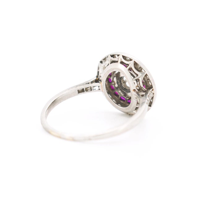 Circa 1930 Antique French Art Deco Engagement Ring, Platinum, Diamonds, and Ruby Halo For Sale - Image 6 of 9