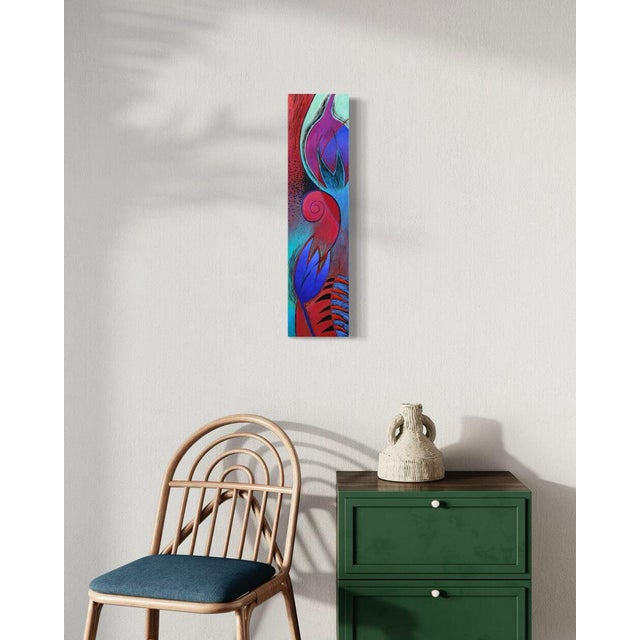 Contemporary Luz Marina Ruiz "Dualidad" Acrylic on Wood Panel, Vertical Botanical Abstract in Crimson, Bay Area California Art, Original 6 X 24 Inches, 2024 For Sale - Image 3 of 5