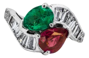 Late 20th Century Emerald & Ruby Bypass Ring, Size 5