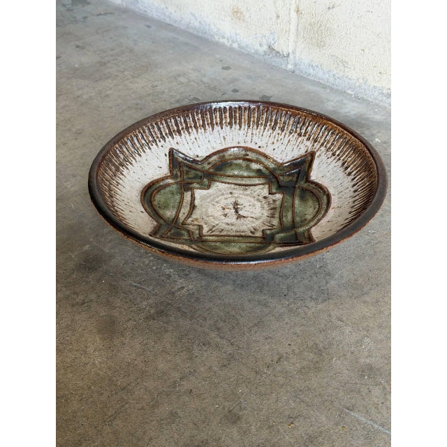 Mid-Century Modern Stoneware Deep Fruit Bowl Brown Green Geometric Ceramic Decorative Basin 1960s For Sale - Image 3 of 10