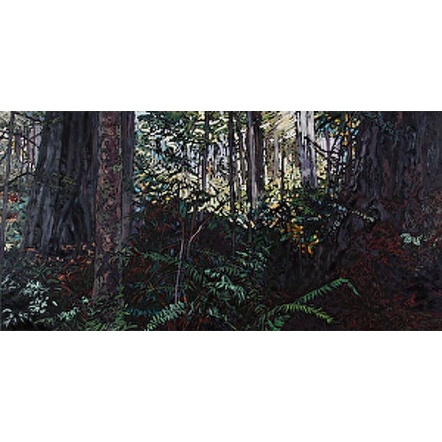 Deep in the Quiet by Deb Komitor | Oil Painting of a serene forest scene with trees and ferns For Sale