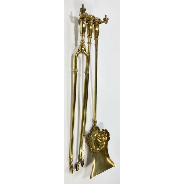 Hollywood Regency Vintage Brass Wall Mount Fireplace Tools, S/3 For Sale - Image 3 of 9