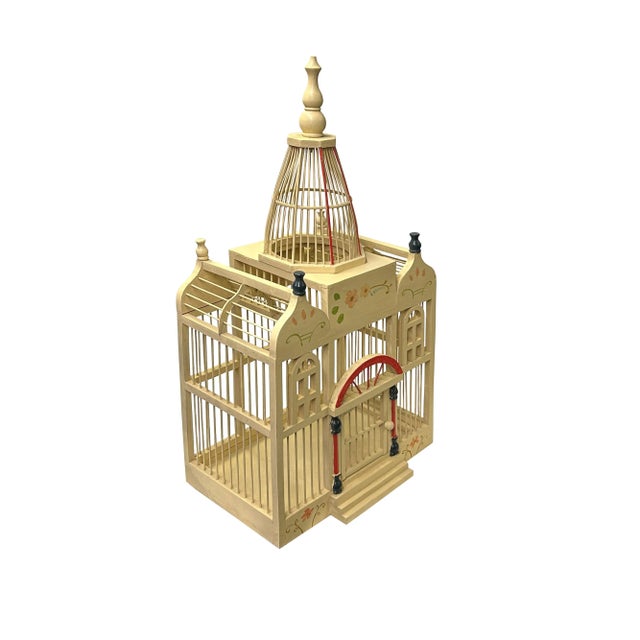 Western House Shape Light Cream Color Wood Birdcage Display For Sale In San Francisco - Image 6 of 7