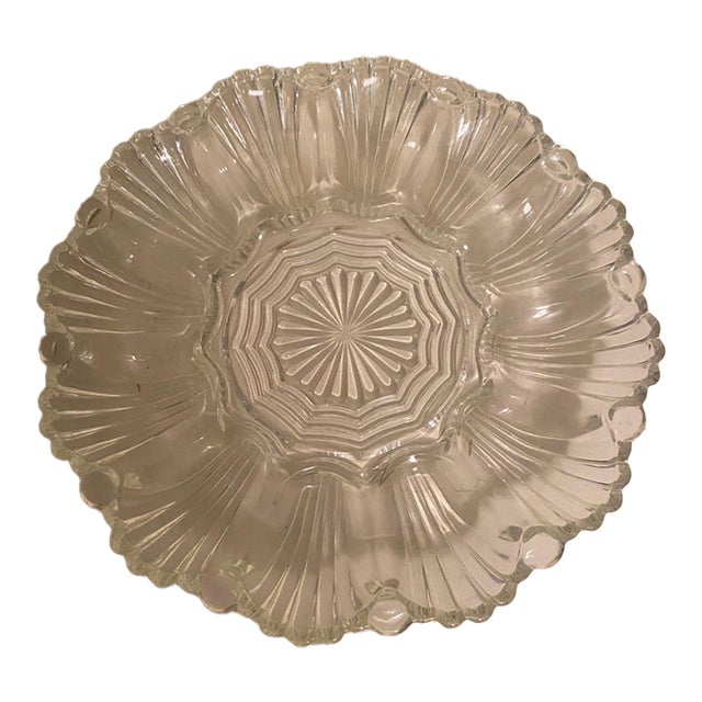 Vintage Crystal Deviled Egg Plate | Scalloped Sunburst Serving Platter For Sale
