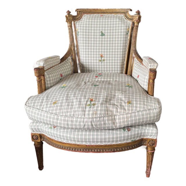 Late 19th-Century French Louis XV-Style Giltwood Bergère, Gray-Green Upholstery For Sale