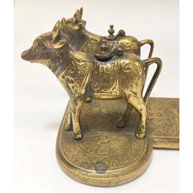 Metal Brass Hindu Temple Oil Lamps Figures a Two Cows and Holly Man Standing For Sale - Image 7 of 13