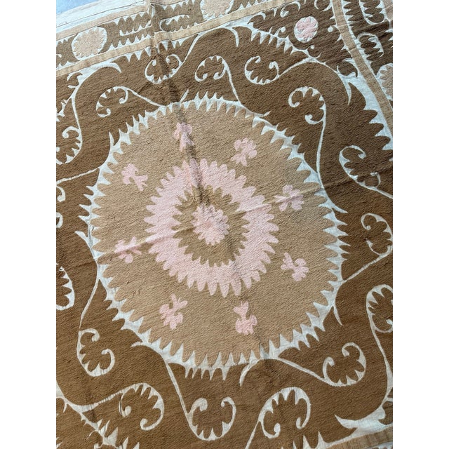 Textile Beige Brown Cotton Suzani Square With Pink Medallion For Sale - Image 7 of 10