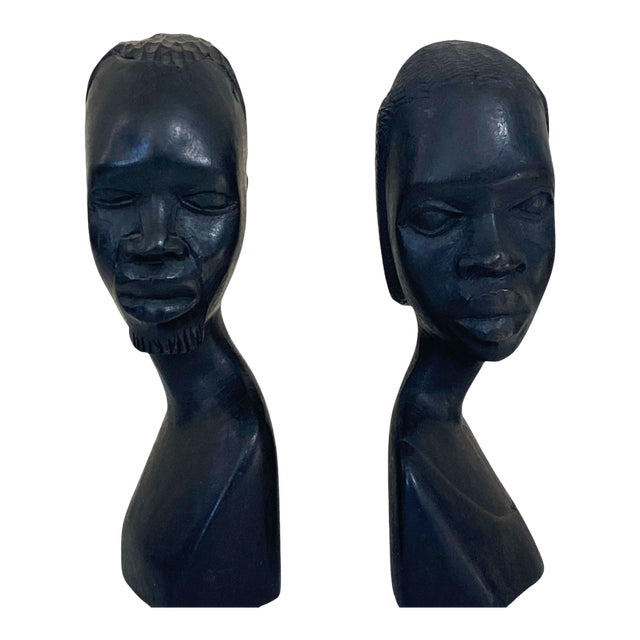 Vintage African Ebony Wood Man and Woman Sculpture Bust Black Folk Art 6.75" H For Sale