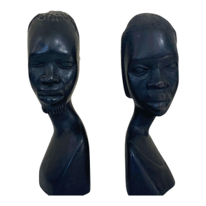Vintage African Ebony Wood Man and Woman Sculpture Bust Black Folk Art 6.75" H