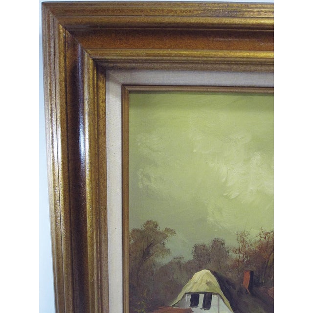 Textile Signed Vintage Oil on Canvas Cottage Landscape Painting For Sale - Image 7 of 9