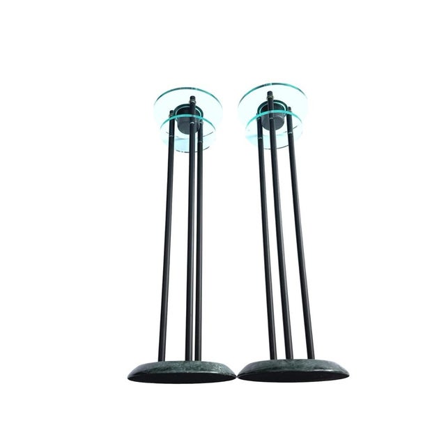 1980s Milano Series Green Marble & Glass Postmodern Candlestick Holders With Black Metal Rods Set of Two For Sale - Image 4 of 8