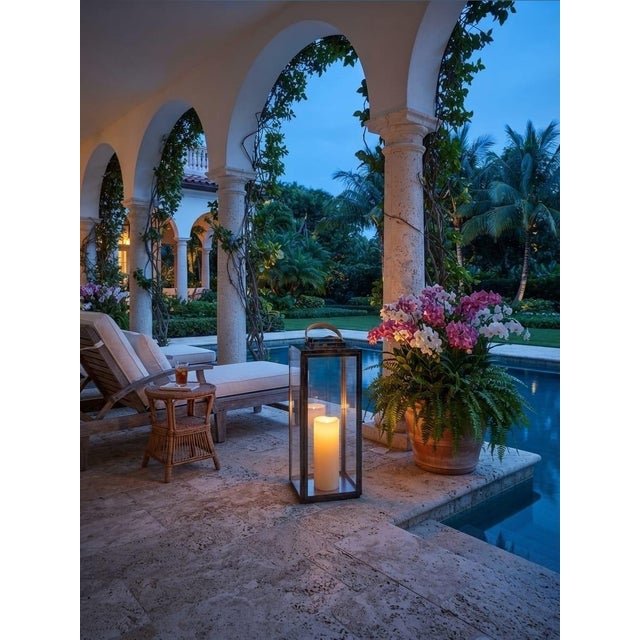 Black Vintage Modern Polished Gunmetal & Glass Floor Lantern With Tan Leather Handle For Sale - Image 8 of 12