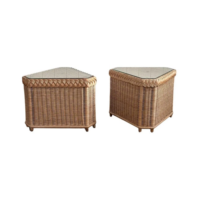 Vintage Brown Jordan Braided Wicker Side Tables, Pair For Sale