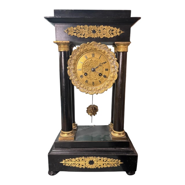 19" Antique French Empire Ebonized & Ormolu Decorated Portico Mantel Clock For Sale
