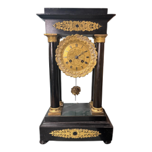 19" Antique French Empire Ebonized & Ormolu Decorated Portico Mantel Clock
