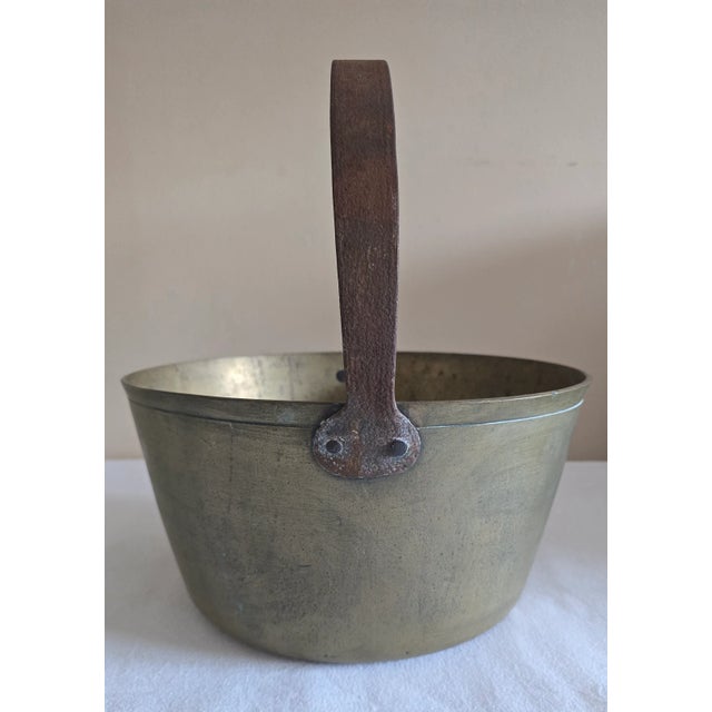 Farmhouse Antique Heavy Thick Brass Jam Pan Cooking Pot With Forged Iron Handle For Sale - Image 3 of 11
