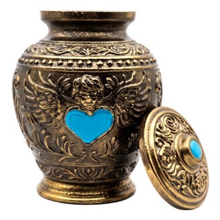 Aura Angel Wings Turquoise Heart Keepsake Cremation Urn Metal Antique Finish For Sale