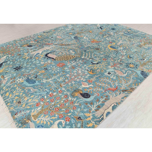 Textile 3x6Ft. Blue Peacock Birds Garden Scene Soft Hand Knotted Hand Spun Wool Rug For Sale - Image 7 of 18
