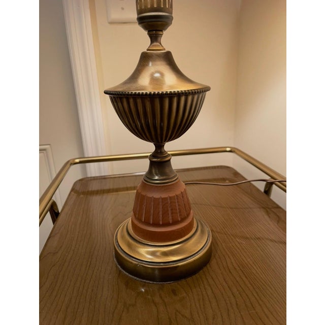 Mid-Century Modern Vintage 1960s Mid-Century Modern Rembrandt Masterpiece Heavy Brass and Fluted Faux-Wood Torchiere Table Lamp For Sale - Image 3 of 4