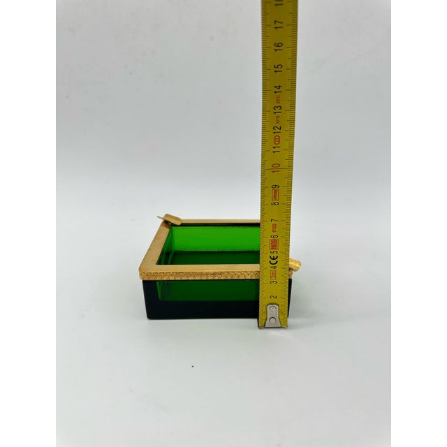 Antique Bohemian Green Crystal Ashtray in Polished Edge Mounted in Bronze on Dark Emerald Green Color in Square Shape,...