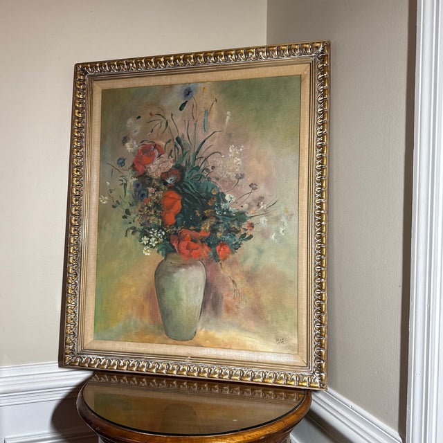 1970s Vintage French Floral Still Life Oil Painting in Ornate Gold Frame ~ Signed Dixie 1972 For Sale - Image 5 of 12