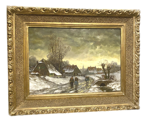 Snowy Village, 1920s, Oil on Canvas, Framed