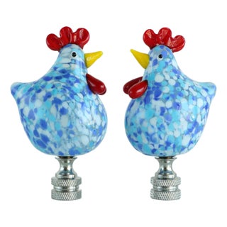 Glass Rooster Lamp Finials on Chrome Hardware - A Pair For Sale