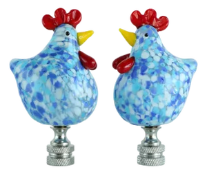 Glass Rooster Lamp Finials on Chrome Hardware - A Pair
