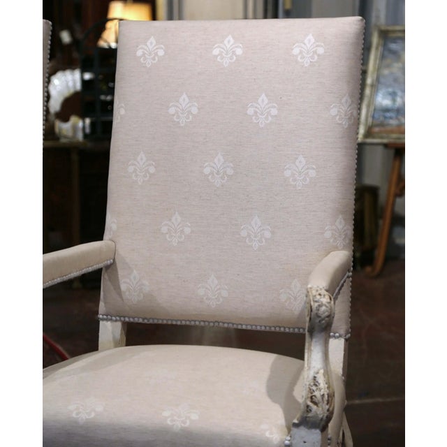 Pair of 19th Century Louis XIV Carved Painted Armchairs With Fleur-De-Lys Fabric For Sale - Image 4 of 10