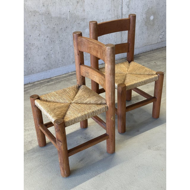 Brown Mid-Century Modernist Wood and Rush Dining Chairs in the style of Charles Dudouyt, 1960s, Set of 2 For Sale - Image 8 of 16