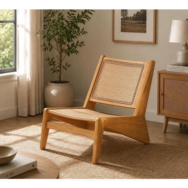 Brown Rattan Accent Chair for Living Room, Mid Century Modern Wood Side Chair, Comfy Bamboo Armchair for Bedroom Reading Nook, Boho Home Decor For Sale - Image 8 of 10