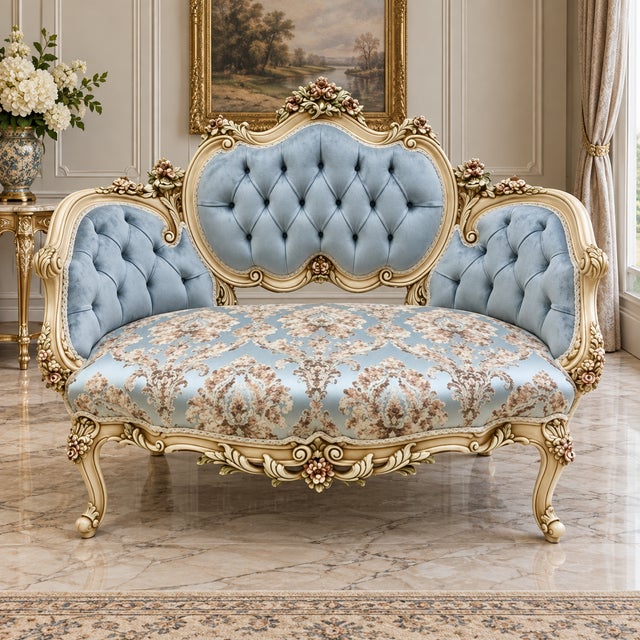 Introduce timeless French elegance with this exquisite Louis XV-style settee, featuring a beautifully carved frame...