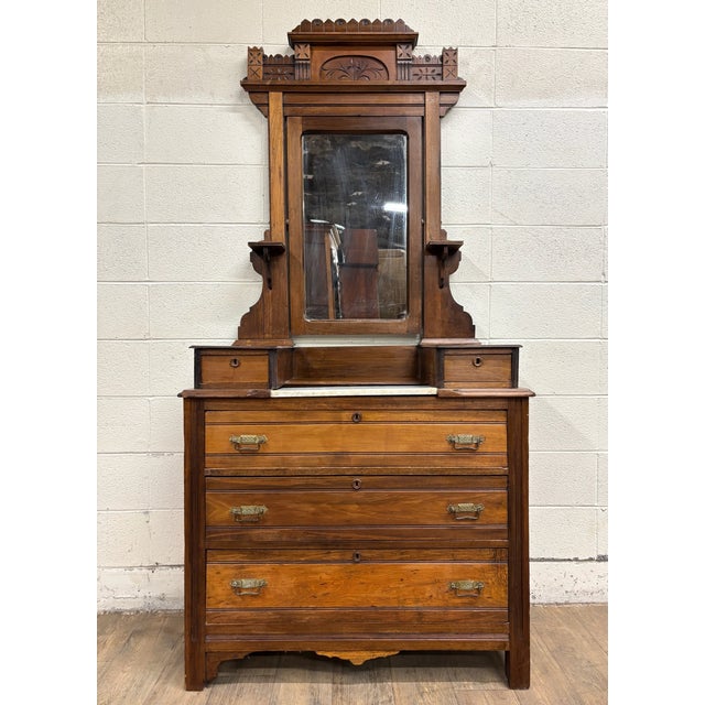 This is a gorgeous antique Victorian Eastlake Farmhouse style Burled dresser with swivel mirror. Wood appears to be...