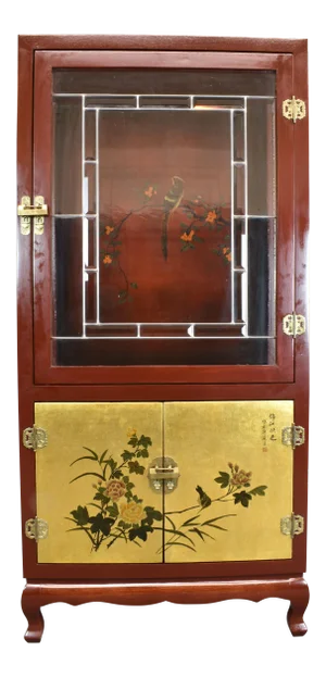 Vintage Chinese Beveled Leaded Trim Glass/Gold Gilt Door Hand Painted Cabinet