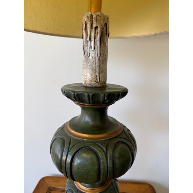 Vintage Oversized Green and Gold Carved Table Lamp With Drum Shade For Sale - Image 4 of 9