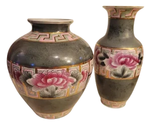 Vintage Greek Key Slate Green Pink Gold Brass Inlay Rose Medallion Chinoiserie Ginger Jar Vases- A Pair