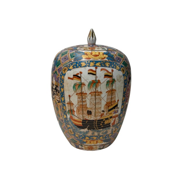 Vintage Polychrome Dutch Sailing Ships Graphic Porcelain Art Jar For Sale In San Francisco - Image 6 of 16
