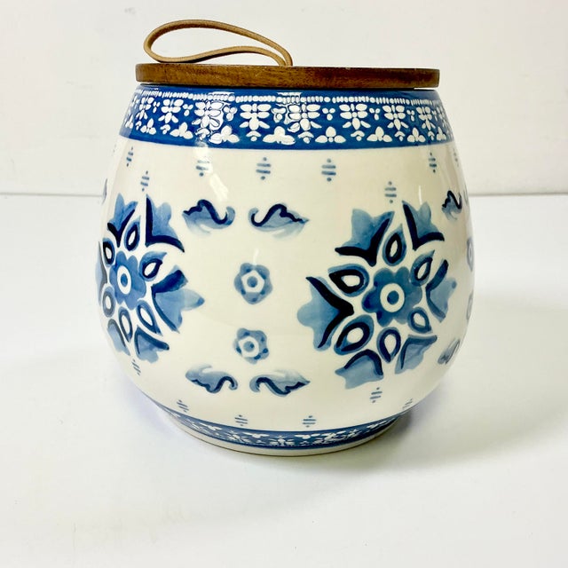 Wood Late 20th C Boho Chic Scandinavian Gustavian Style Ceramic Jar Vase With Wood Lid. For Sale - Image 7 of 11